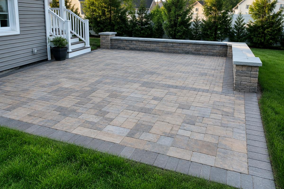 Interlocking paver patio with a seat wall on Long Island